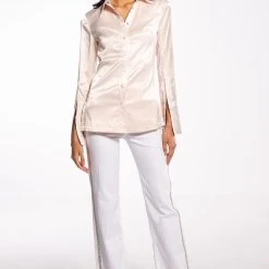 SHINE ON EMBELLISHED SATIN BUTTON DOWN BLOUSE -helmut shop shine on embellished satin button down blouse light pink 7 7