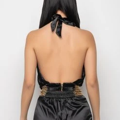 SIL VOUS PLAIT CHAIN DETAIL CROPPED HALTER BLOUSE -helmut shop sil vous plait chain detail cropped halter blouse black 5 5