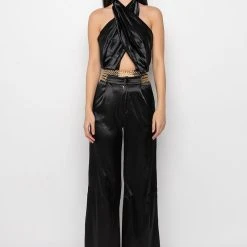 SIL VOUS PLAIT CHAIN DETAIL CROPPED HALTER BLOUSE -helmut shop sil vous plait chain detail cropped halter blouse black 7 7