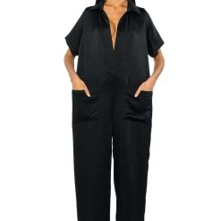 SILENT DREAMER SHORT SLEEVE SATIN JUMPSUIT -helmut shop silent dreamer short sleeve satin jumpsuit black 2 2