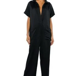 SILENT DREAMER SHORT SLEEVE SATIN JUMPSUIT -helmut shop silent dreamer short sleeve satin jumpsuit black 3 3
