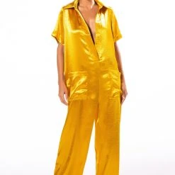 SILENT DREAMER SHORT SLEEVE SATIN JUMPSUIT -helmut shop silent dreamer short sleeve satin jumpsuit yellow 3 3