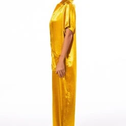SILENT DREAMER SHORT SLEEVE SATIN JUMPSUIT -helmut shop silent dreamer short sleeve satin jumpsuit yellow 4 4