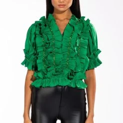 SIMPLY FRILLING RUFFLED SHORT SLEEVE BLOUSE -helmut shop simply frilling ruffled short sleeve blouse green 3 3