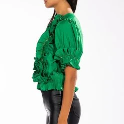 SIMPLY FRILLING RUFFLED SHORT SLEEVE BLOUSE -helmut shop simply frilling ruffled short sleeve blouse green 4 4