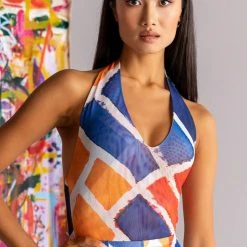 helmut shop -helmut shop skyart x akira halter top mesh bodysuit yellow multi 2 2 c1