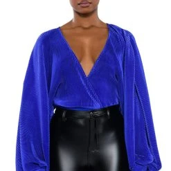 SLOW MOTION LONG SLEEVE WRAP FRONT BODYSUIT -helmut shop slow motion long sleeve wrap front bodysuit royal blue 1 1