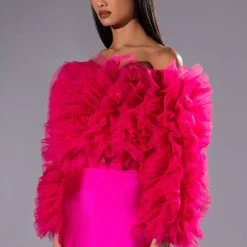 SOUND OFF TULLE RUFFLE LONG SLEEVE CROP BLOUSE -helmut shop sound off tulle ruffle long sleeve crop blouse pink 2 2