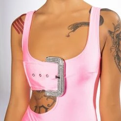 SPOTLIGHT BUCKLE DETAIL CUTOUT CHEEKY BODYSUIT -helmut shop spotlight buckle detail cutout cheeky bodysuit neon pink 7 7