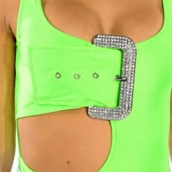SPOTLIGHT BUCKLE DETAIL NEON CUTOUT CHEEKY BODYSUIT -helmut shop spotlight buckle detail neon cutout cheeky bodysuit neon green 9 9