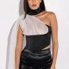 SPOTLIGHTS ONE SHOULDER SATIN CORSET BLOUSE -helmut shop spotlights one shoulder satin corset blouse black white 1 1