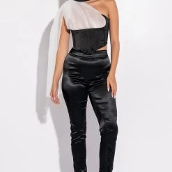 SPOTLIGHTS ONE SHOULDER SATIN CORSET BLOUSE -helmut shop spotlights one shoulder satin corset blouse black white 2 2