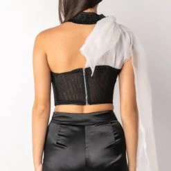 SPOTLIGHTS ONE SHOULDER SATIN CORSET BLOUSE -helmut shop spotlights one shoulder satin corset blouse black white 6 6