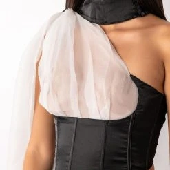 SPOTLIGHTS ONE SHOULDER SATIN CORSET BLOUSE -helmut shop spotlights one shoulder satin corset blouse black white 7 7