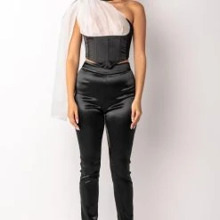 SPOTLIGHTS ONE SHOULDER SATIN CORSET BLOUSE -helmut shop spotlights one shoulder satin corset blouse black white 8 8