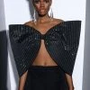 STANDING OVATION PINSTRIPE RHINESTONE DRAMATIC BOW TOP -helmut shop standing ovation pinstripe rhinestone dramatic bow top black 1 1