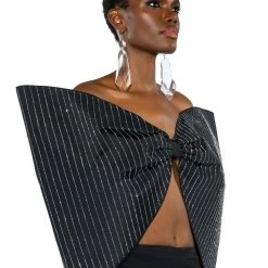 STANDING OVATION PINSTRIPE RHINESTONE DRAMATIC BOW TOP -helmut shop standing ovation pinstripe rhinestone dramatic bow top black 4 4