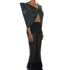 STANDING OVATION PINSTRIPE RHINESTONE DRAMATIC BOW TOP -helmut shop standing ovation pinstripe rhinestone dramatic bow top black 6 6