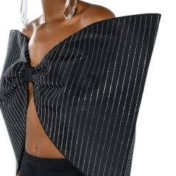 STANDING OVATION PINSTRIPE RHINESTONE DRAMATIC BOW TOP -helmut shop standing ovation pinstripe rhinestone dramatic bow top black 9 9