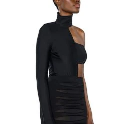 STAR STRETCH MIA BANDEAU DETAIL GLOVED MOCK NECK BODYSUIT -helmut shop star stretch mia bandeau detail gloved mock neck bodysuit black 5 5 c1