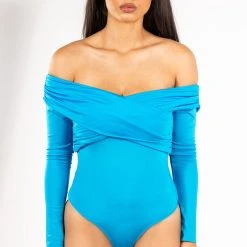 STAR STRETCH WRAP FRONT LONG SLEEVE BODY SUIT -helmut shop star stretch wrap front long sleeve body suit blue 3 3