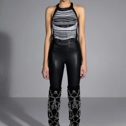 STOP THIS FLAME FAUX LEATHER RHINESTONE HALTER -helmut shop stop this flame faux leather rhinestone halter black 2 2