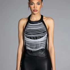 STOP THIS FLAME FAUX LEATHER RHINESTONE HALTER -helmut shop stop this flame faux leather rhinestone halter black 3 3