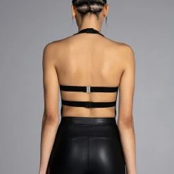 STOP THIS FLAME FAUX LEATHER RHINESTONE HALTER -helmut shop stop this flame faux leather rhinestone halter black 5 5