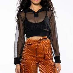 STRIKE OUT SHEER MESH CROP POLO TOP -helmut shop strike out sheer mesh polo top black 5 5