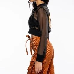 STRIKE OUT SHEER MESH CROP POLO TOP -helmut shop strike out sheer mesh polo top black 6 6