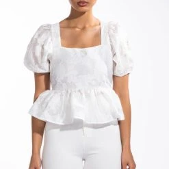 SUGAR SQUARE NECK SHORT SLEEVE PEPLUM BLOUSE -helmut shop sugar square neck short sleeve peplum blouse white 3 3