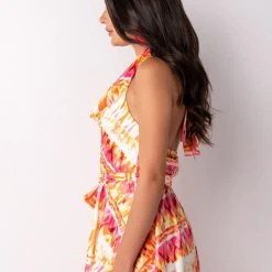 SUMMER TIME FINE COWL NECK HALTER TOP ROMPER -helmut shop summer time fine cowl neck halter top romper pink multi 4 4