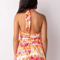 SUMMER TIME FINE COWL NECK HALTER TOP ROMPER -helmut shop summer time fine cowl neck halter top romper pink multi 5 5