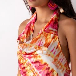 SUMMER TIME FINE COWL NECK HALTER TOP ROMPER -helmut shop summer time fine cowl neck halter top romper pink multi 6 6