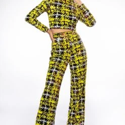 SWEET ESCAPE SEQUIN PLAID MOCK NECK CROP TOP -helmut shop sweet escape sequin plaid mock neck crop top yellow multi 3 3