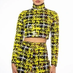 SWEET ESCAPE SEQUIN PLAID MOCK NECK CROP TOP -helmut shop sweet escape sequin plaid mock neck crop top yellow multi 5 5