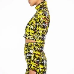 SWEET ESCAPE SEQUIN PLAID MOCK NECK CROP TOP -helmut shop sweet escape sequin plaid mock neck crop top yellow multi 6 6