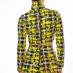 SWEET ESCAPE SEQUIN PLAID MOCK NECK CROP TOP -helmut shop sweet escape sequin plaid mock neck crop top yellow multi 7 7