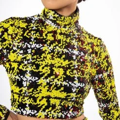 SWEET ESCAPE SEQUIN PLAID MOCK NECK CROP TOP -helmut shop sweet escape sequin plaid mock neck crop top yellow multi 8 8