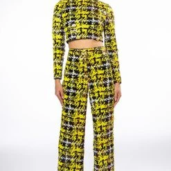 SWEET ESCAPE SEQUIN PLAID MOCK NECK CROP TOP -helmut shop sweet escape sequin plaid mock neck crop top yellow multi 9 9