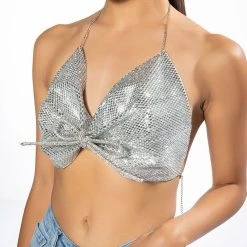 SWEET THANG SLEEVELESS EMBELLISHED CROP TOP -helmut shop sweet thang sleeveless embellished crop top in silver silver 6 6