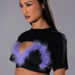 TAI FEATHER TRIM BRA AND ULTRA CROP TSHIRT SET -helmut shop tai feather trim bra and ultra crop tshirt set black multi 3 3