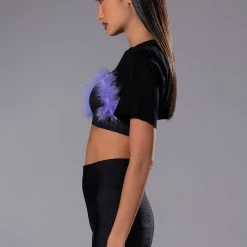 TAI FEATHER TRIM BRA AND ULTRA CROP TSHIRT SET -helmut shop tai feather trim bra and ultra crop tshirt set black multi 4 4