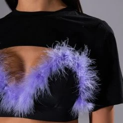 TAI FEATHER TRIM BRA AND ULTRA CROP TSHIRT SET -helmut shop tai feather trim bra and ultra crop tshirt set black multi 6 6