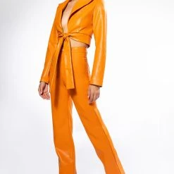 TE QUIERO HIGH RISE VEGAN LEATHER STRAIGHT LEG PANTS IN ORANGE -helmut shop te quiero high rise vegan leather straight leg pants in orange orange 3 3