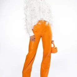 TE QUIERO HIGH RISE VEGAN LEATHER STRAIGHT LEG PANTS IN ORANGE -helmut shop te quiero high rise vegan leather straight leg pants in orange orange 4 4