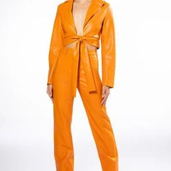 TE QUIERO HIGH RISE VEGAN LEATHER STRAIGHT LEG PANTS IN ORANGE -helmut shop te quiero high rise vegan leather straight leg pants in orange orange 9 9
