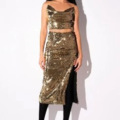 THANK THE ACADEMY HIGH SLIT MAXI SKIRT -helmut shop thank the academy high slit maxi skirt gold 7 7