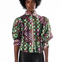THAT GIRL IS POISON ORGANZA BUTTON DOWN BLOUSE -helmut shop that girl is poison organza button down blouse green multi 3 3