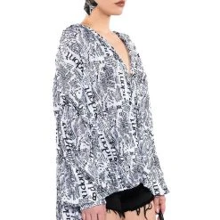 THAT NEW NEWS PRINTED PLEATED TIE FRONT BLOUSE -helmut shop that new news printed pleated tie front blouse white black 2 2